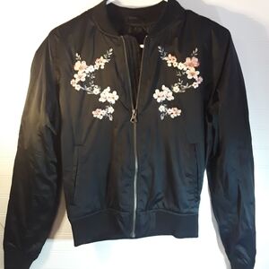 American Eagle Outfitters Black Bomber Jacket with Floral Embroidery (B)y